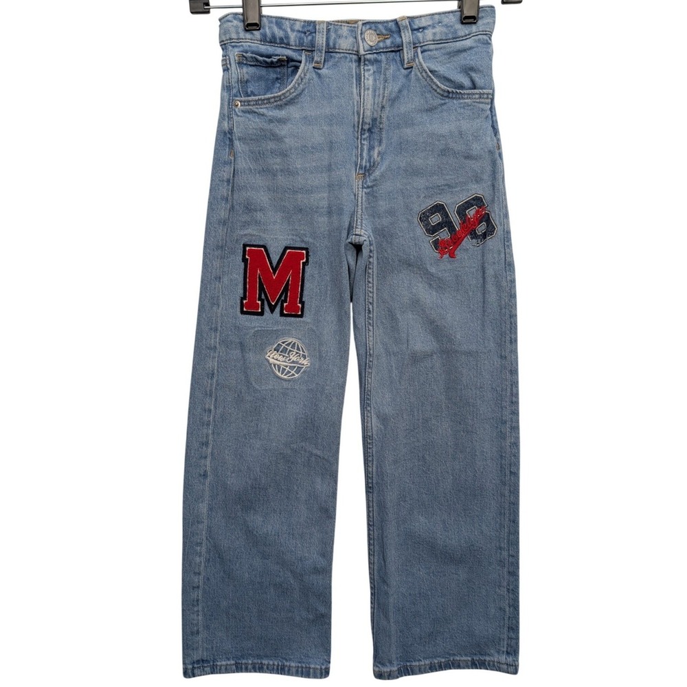H&M Wide Leg Jeans Kids Size 8 Light Blue Varsity Patch High Waist
